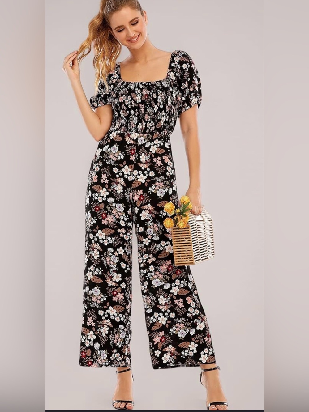 Black Floral Square-Neck Wide-Leg Jumpsuit